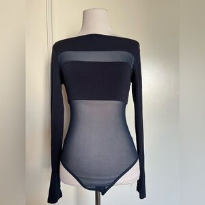 Naked wardrobe navy blue off shoulder mesh bodysuit Sz S